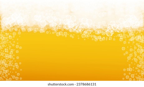 Beer foam. Craft lager splash. Oktoberfest background. German pint of ale with realistic white bubbles. Cool liquid drink for pub banner template. Golden glass with beer foam.
