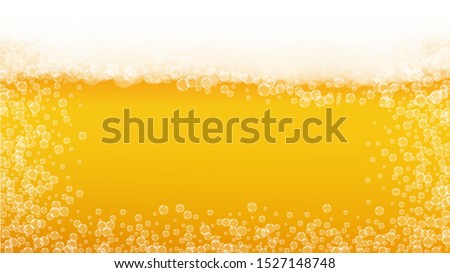 Beer foam. Craft lager splash. Oktoberfest background. Froth pint of ale with realistic white bubbles. Cool liquid drink for pub flyer template. Orange bottle with beer foam.
