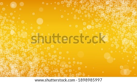 Beer foam. Craft lager splash. Oktoberfest background. restaurant banner concept. Hipster pint of ale with realistic white bubbles. Cool liquid drink for Gold bottle with beer foam.
