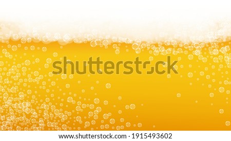 Beer foam. Craft lager splash. Oktoberfest background. Pale pint of ale with realistic white bubbles. Cool liquid drink for restaurant flyer concept. Gold cup with beer foam.
