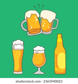 Beer with foam in different glasses and bottle