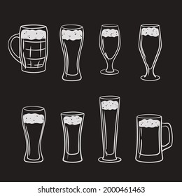 Beer with foam in different  glasses and mugs in doodle. Set of low alcohol beverages isolated on dark background in hand drawn sketch style. Vector illustration