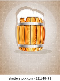 Beer foam flows from the open wooden barrel