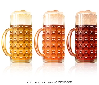 Beer with foam in a Glass; Varieties of Beer - Light Lager, Cool Red, Dark Porter; Vector set Eps10