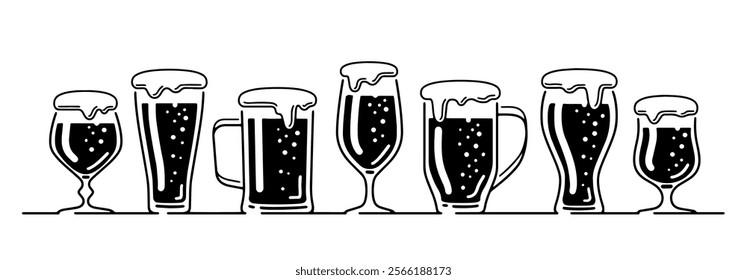 Beer with foam in glasses. Alcoholic drinks set. Pub, brewery concept vector illustration