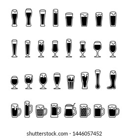 Beer With Foam In Glasses, Black And White Icons. Vector