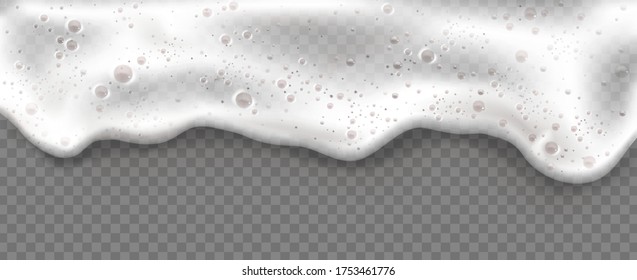Espuma de cerveza aislada en un fondo transparente. Textura de espuma de jabón blanco con burbujas, borde sin costura, marco espumoso. Ola marina o oceánica, supume detergente de limpieza de lavado, ilustración vectorial 3d realista