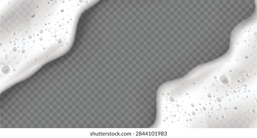 Beer foam isolated on transparent background. White soap froth texture with bubbles, seamless border, foamy frame. Sea or ocean wave, laundry cleaning detergent spume, realistic 3d vector illustration