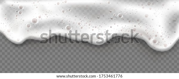 Beer foam isolated on transparent\
background. White soap froth texture with bubbles, seamless border,\
foamy frame. Sea or ocean wave, laundry cleaning detergent spume,\
realistic 3d vector\
illustration