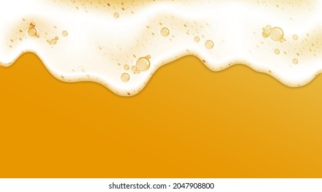 Beer foam. Realistic 3D frame with white clean shampoo froth and soap bubbles. Detergent liquid lather. Alcohol foamy drink blank border. Vector water wave on sandy beach background