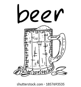 beer with foam sketch on white background with pistachios