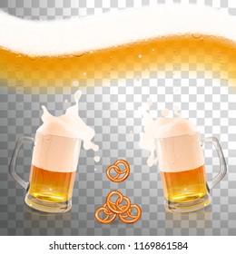 beer with foam and snack on a transparent background