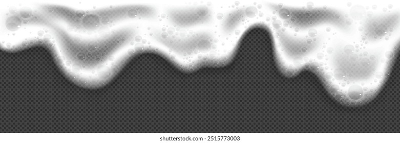 Beer foam texture. 3d white shampoo soap vector. Lather detergent wave realistic border pattern. Foamy illustration. Laundry and bathtub cosmetic froth top view design on transparent background