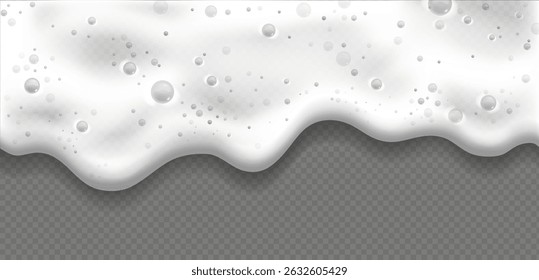 Beer foam texture. White soap froth texture with bubbles on transparent background, seamless border, Shampoo frame. Sea or ocean wave, Liquid detergent realistic 3d vector illustration