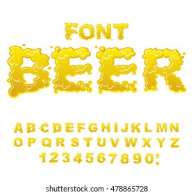 Beer font. Yellow liquid ABC. Flowable typography. Alcoholic alphabet. drink letters
