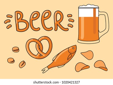 Beer and food, fish, chips, pistachios, bagel