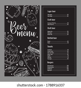 Beer and food menu design template with list of drinks and dishes. Two pages. Hand drawn outline vector sketch illustration on black background. Beer mugs, sandwiches and seafood graphics