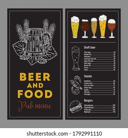 Beer and food menu design template. Two pages with list of drinks and dishes. Hand drawn vector sketch illustration. Beer glasses and snacks graphic. Outline and color on black background