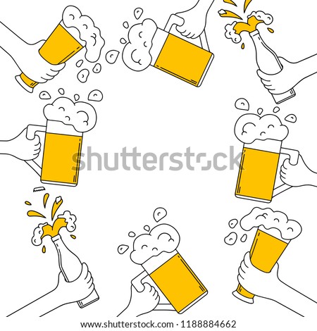 Beer frame with hands clinking beer mug, glass and bottle with spilled foam on a birthday party. Fest cheers celebration. Design border. Vector isolated illustration.