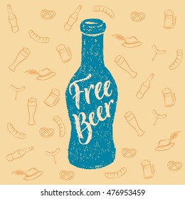 Beer for free. Vector hand written brush pen calligraphy phrase or quote in a bottle shape. Cute isolated letters on an abstract background for Oktoberfest for pub and bar.