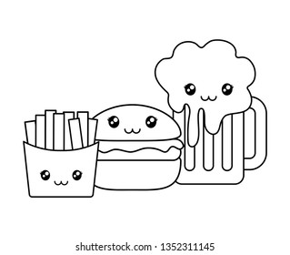 beer with french fries and hamburger kawaii character