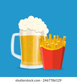 Beer and French fries icon design. Isolated on blue background. fast food,bar concept. Vector illustration in flat style