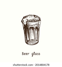 Beer french jelly glass. Ink black and white doodle drawing in woodcut style.