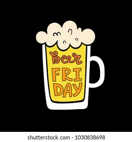 Beer friday lettering poster design template with beer mug clipart. Vector illustration for local creative design on black background.