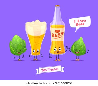 Beer. Funny characters beer glass bottle and thirsty. Best friends set. Vector illustration. Funny alcohol. Vector cartoon illustration. Cute stylish characters.
