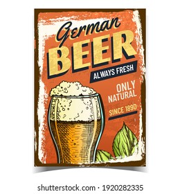 Beer German Alcohol Drink Advertise Banner Vector. Fresh Foamy Beer Glass Cup And Natural Hop Plant On Promotional Poster. Organic Beverage Template Hand Drawn Concept Illustration