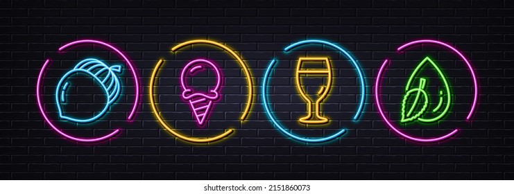 Beer glass, Acorn and Ice cream minimal line icons. Neon laser 3d lights. Water drop icons. For web, application, printing. Brewery beverage, Oaknut, Sundae cone. Mint leaf. Vector