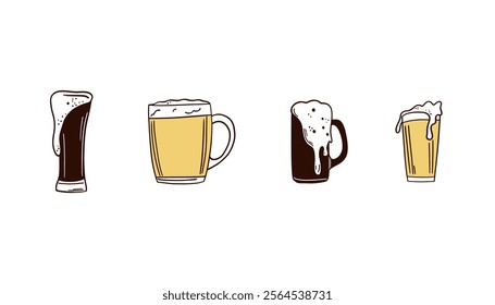 Beer glass. Alcohol beverages, ale, lager and ipa, craft foam barrel or brewery. Oktoberfest festival symbols. Different pub and bar drinks. Vector flat isolated illustration