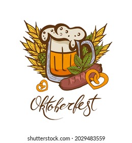 Beer Glass among hops leaf and cone and sausage on an Oktoberfest banner decorated with traditional symbols of a Beer festival in Europe.