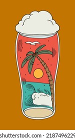Beer glass with beach inside. Seagull flying over the wave and a palm-tree. Isolated vector illustration.