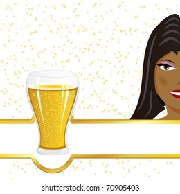 Beer glass and black girl face with beer bubbles background