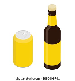 Beer glass bottle and can isolated on white background. Vector. Isometric view