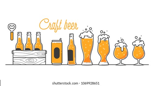 Beer glass, bottle and can types. Craft beer calligraphy design and minimal flat vector illustration of different type of beers. Six pack in a wood box. Oktoberfest equipment. Restaurant illustration