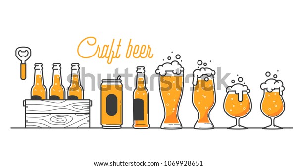 Beer glass, bottle and can types. Craft beer\
calligraphy design and minimal flat vector illustration of\
different type of beers. Six pack in a wood box. Oktoberfest\
equipment. Restaurant\
illustration