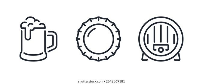Beer glass, bottle cap and wooden barrel editable stroke outline icons set isolated on white background flat vector illustration. Pixel perfect. 64 x 64.	
