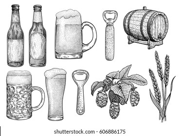 Beer glass, bottle, cup, barrel, hop, wheat, opener illustration, drawing, engraving, ink, line art, vector