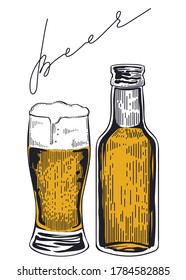 Beer glass and bottle, hand drawn vector, engraving style