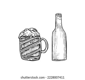 Beer glass and beer bottle hand drawn rough black white vintage retro illustration vector. Logo and illusstration concept beer theme design.