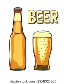 Beer glass and bottle with beer hand drawn text. Flat vector illustration isolated on white background. Oktoberfest design elements. Restaurant, bar, pub menu illustration