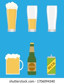 Beer, beer glass, beer bottle isolated on a blue background. Vector illustration. Vector.