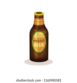 Beer in glass bottle with label. Vintage beverage. Alcoholic drink. Flat vector for advertising poster or banner of brewery