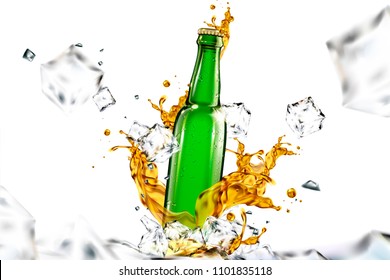 Beer glass bottle with liquid and ice cubes flying in the air in 3d illustration for design uses