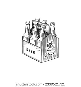 Beer glass bottle of oktoberfest. beverage packaging. Engraved in ink hand drawn in old sketch and vintage style for web, party or pub menu. design element isolated on white background 