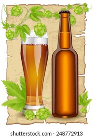 Beer glass and beer bottle on the background of old paper and hops
