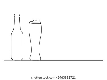 Vaso de cerveza y botella de una línea continua de dibujo Ilustración vectorial 