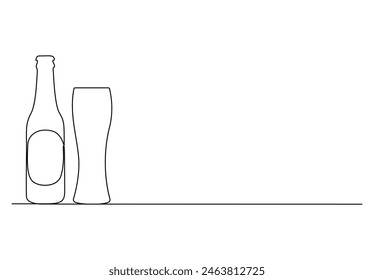 Beer glass and bottle one continuous line drawing vector illustration 